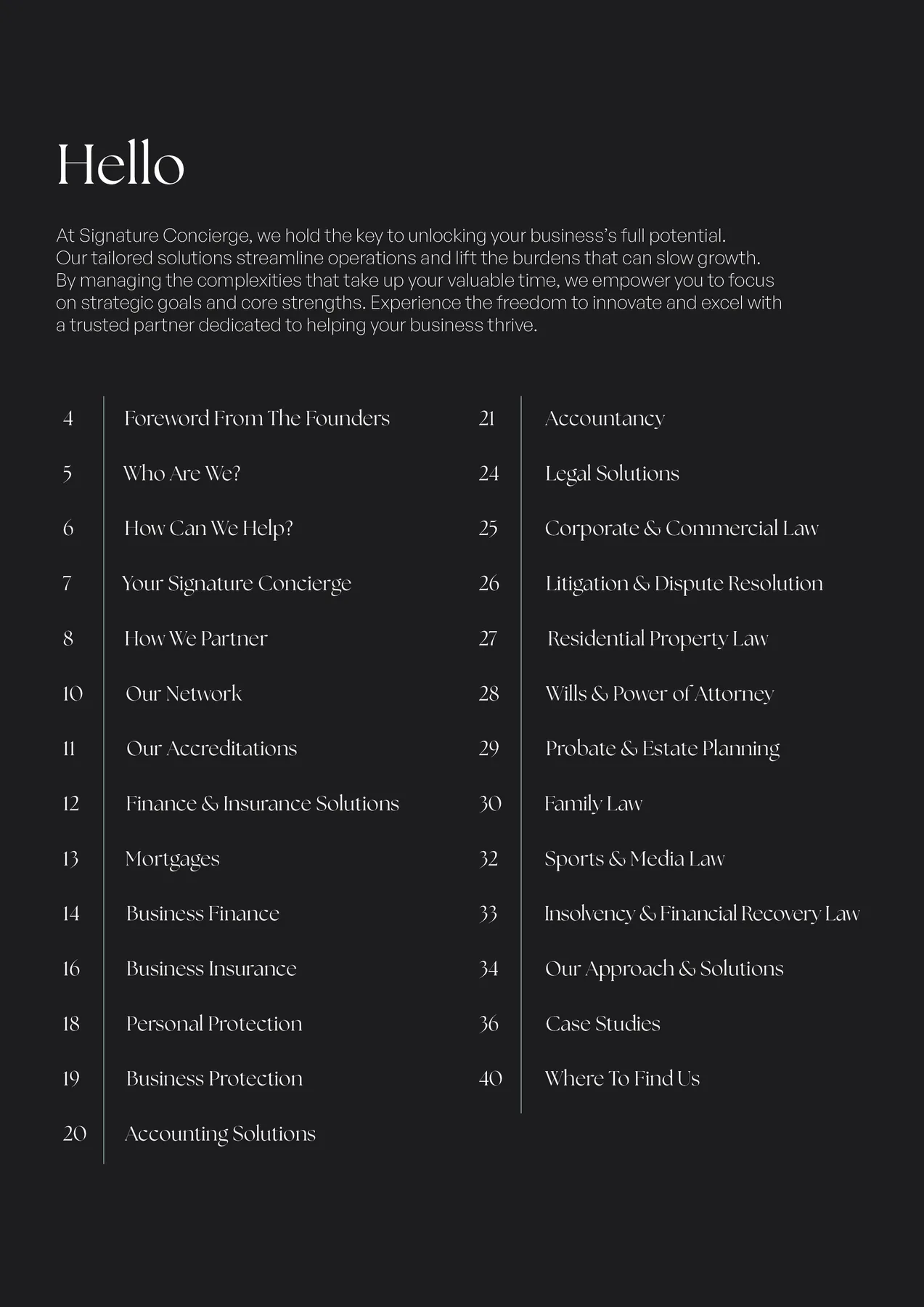 Signature Concierge brochure contents page showing service categories