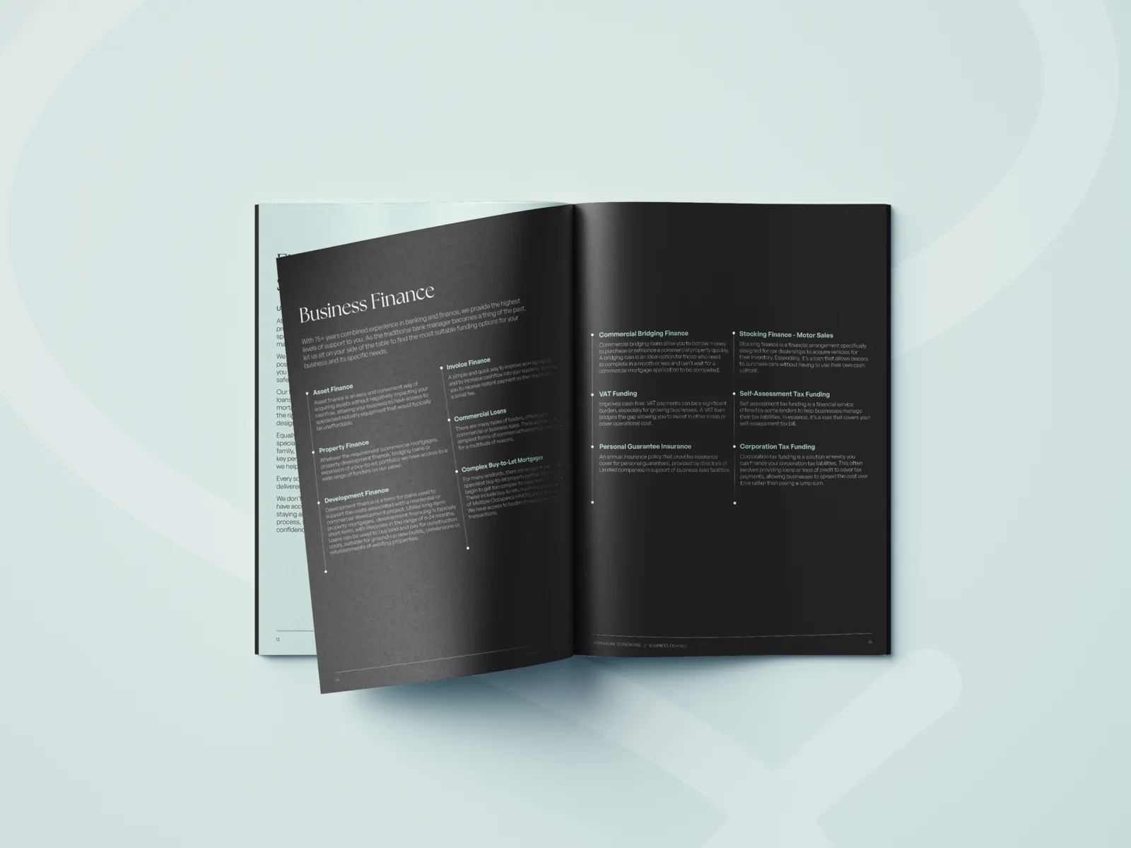 Open Signature Concierge brochure showing business finance pages