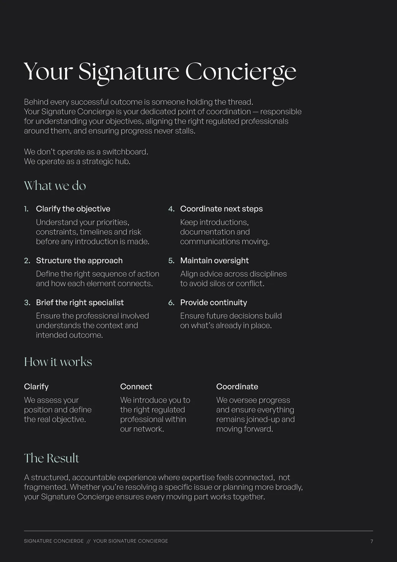 Signature Concierge brochure page explaining the client coordination process