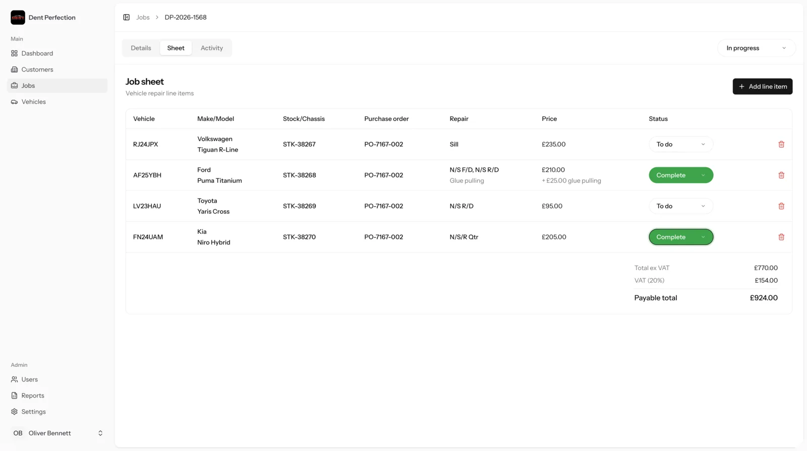 Digital job sheet showing vehicle repair lines with some complete and others still to do