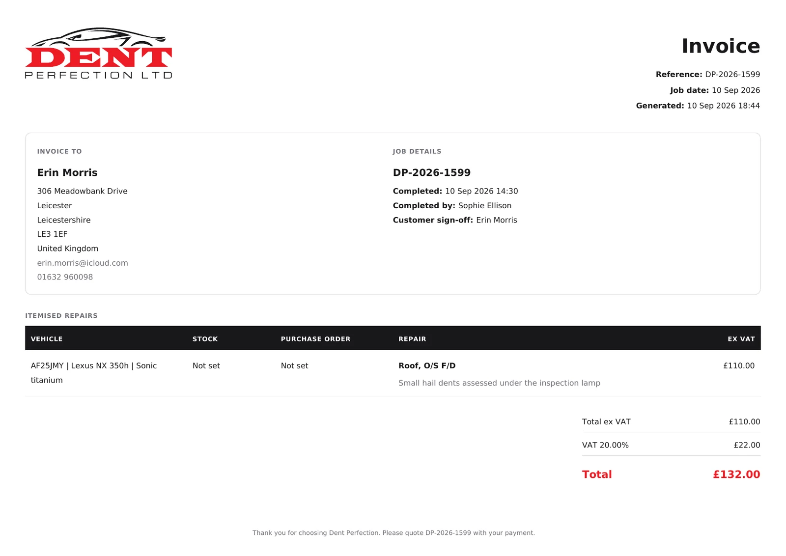 Itemised repair invoice showing customer sign-off, vehicle repair details, VAT and total
