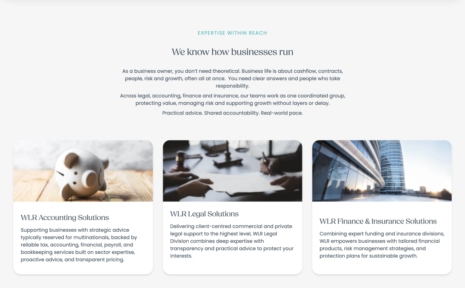 Accounting, legal, finance and insurance divisions on a professional services group website