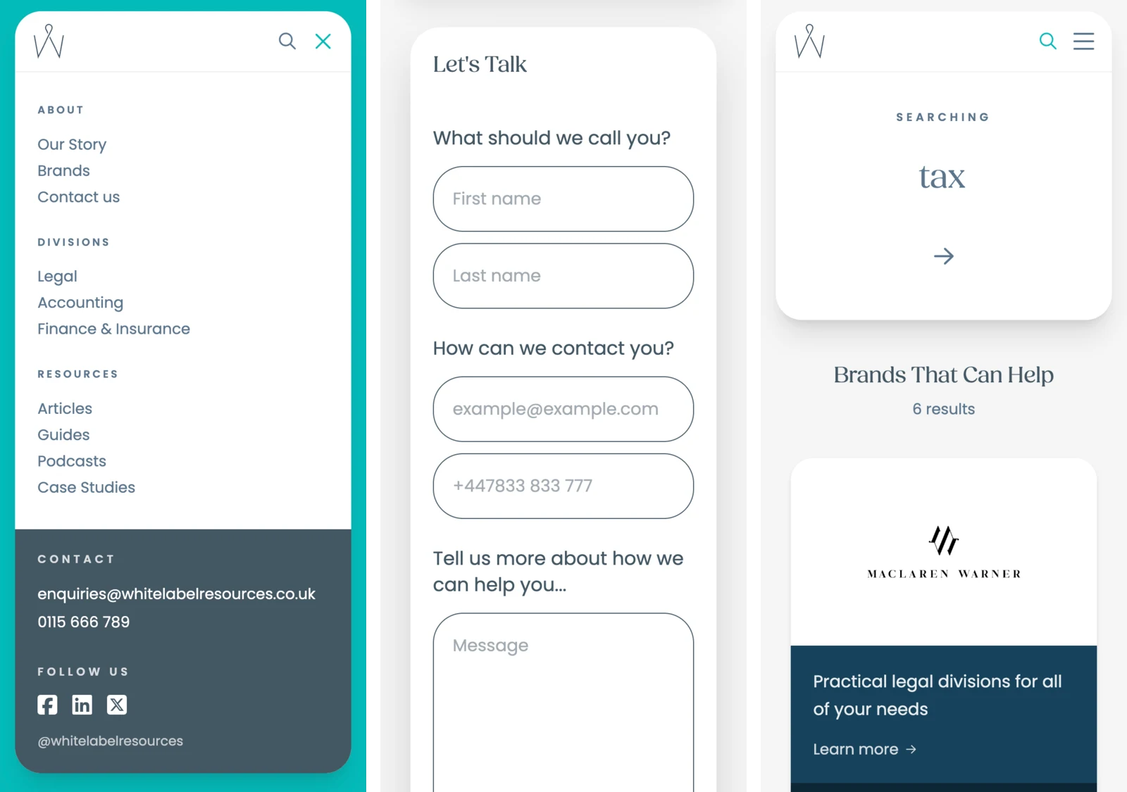 Three mobile views of the menu, contact form and tax-related brand search results