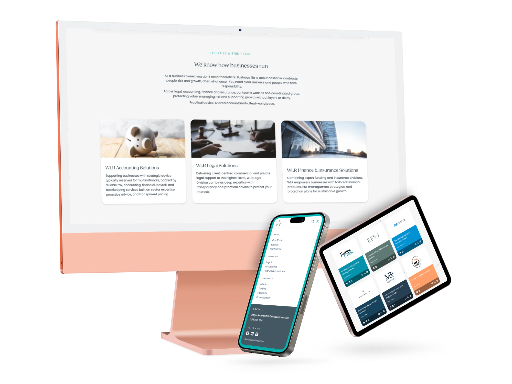 Professional services website on desktop, tablet and mobile, showing divisions, specialist brands and navigation