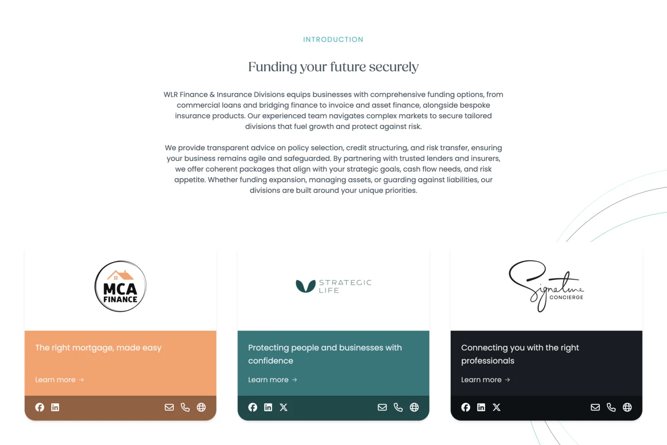 Finance and insurance brands with their individual logos, colours and contact details