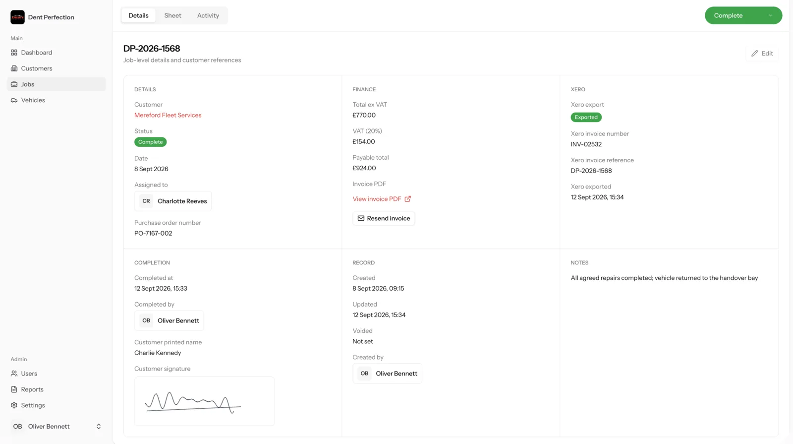 Completed repair job details showing customer signature, invoice PDF and confirmed Xero export