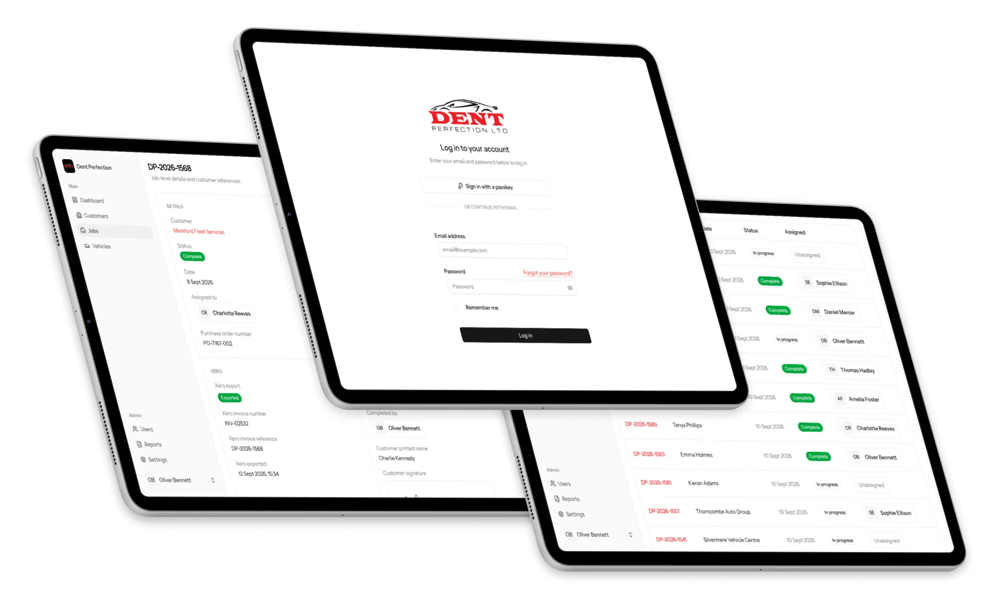 Three tablet views showing app login, repair job details and jobs list